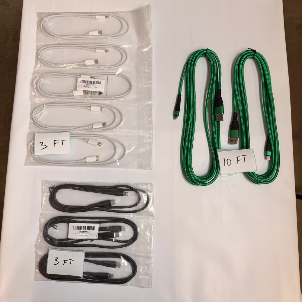Lot of 10 USB-A & USB C to Lightning Mixed Fast Charging Cables 3ft 10ft